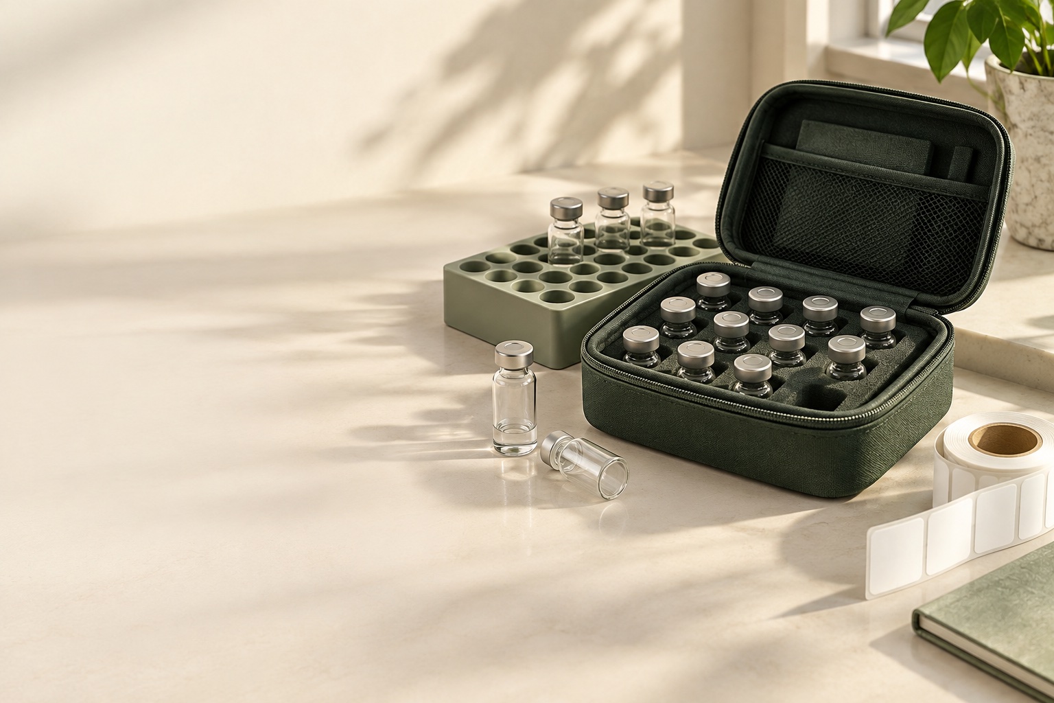 Research accessories illustration: a forest-green vial case, glass vials and sage organizer on an ivory workbench.